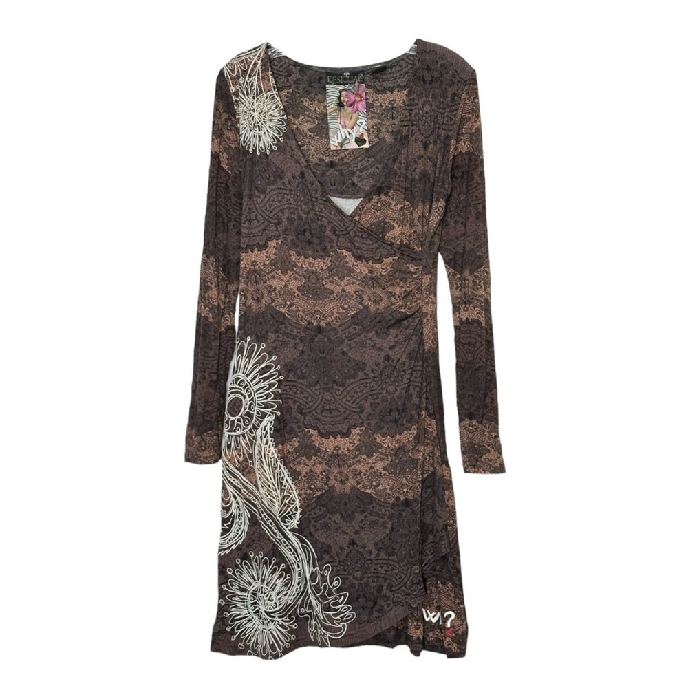 Desigual Atypical Winter Brown Embroidered Wrap Dress M Stretch V-Neck Floral
